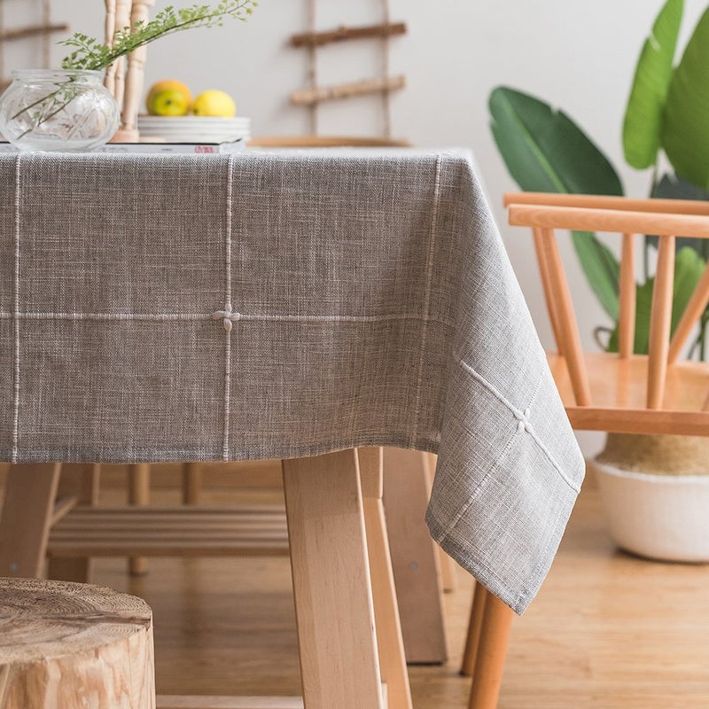 ColorBird Solid Embroidery Lattice Tablecloth Cotton Linen Dust-Proof Checkered Table Cover for Kitchen Dinning Tabletop Decoration (Rectangle/Oblong, 52 x 102 Inch, Grey) - Image 1